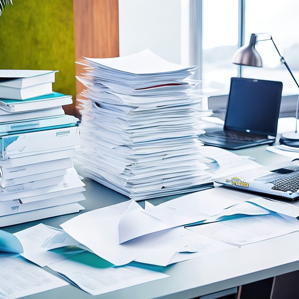 stack of papers and papers on table in the office
